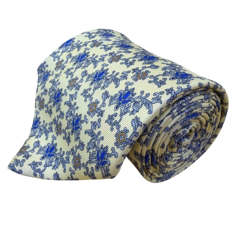 Smithsonian Institution Mens Cream & Blue 100% Silk Floral Pattern Neck Tie